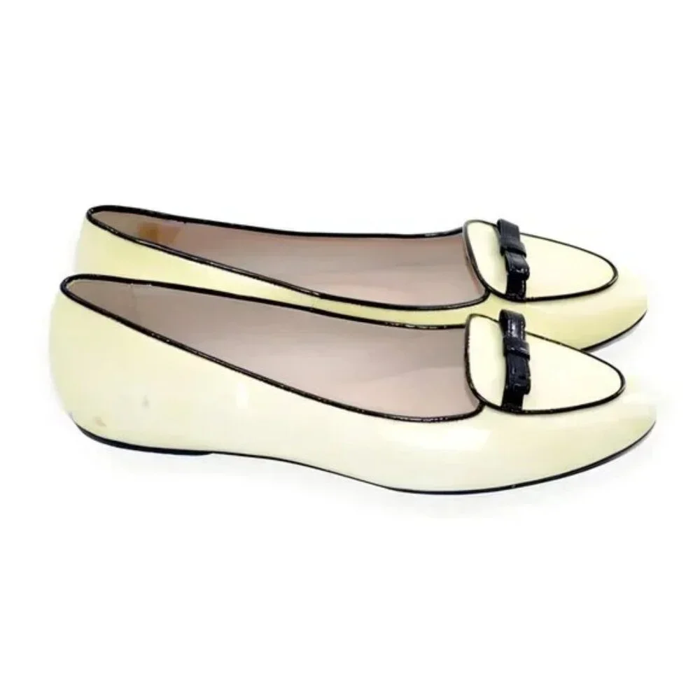 LK Bennet LKB Lemon Yellow Black Bow Cap Toe Patent Leather Shoes Loafers 39 8 - Picture 5 of 11